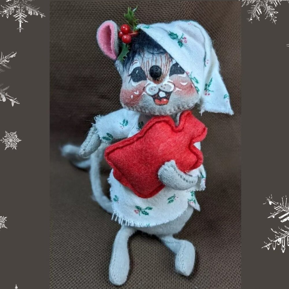 Vintage '91 Annalee Doll Mouse with Hot Water Bottle Christmas Pajamas & Cap